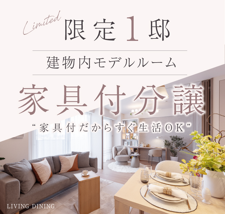 Limited 限定1邸 建物内モデルルーム コーディネート家具一式 ・エアコン・照明・カーテン 家具付分譲 “家具付だからすぐ生活OK” A PLACE TO BEGIN A NEW LIFE. Furnished Residence. 私を癒してくれる、特別な空間がここに。