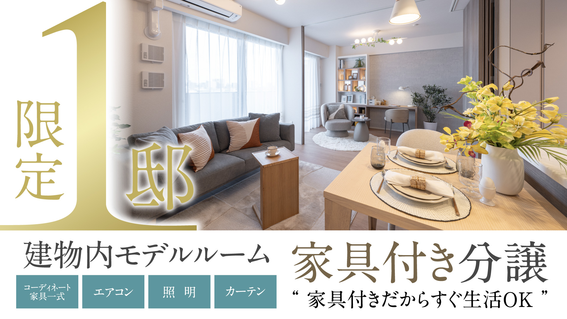 限定1邸　建物内モデルルーム家具付き分譲　コーディネート家具一式　エアコン　証明　カーテン　”家具付きだからすぐ生活OK”