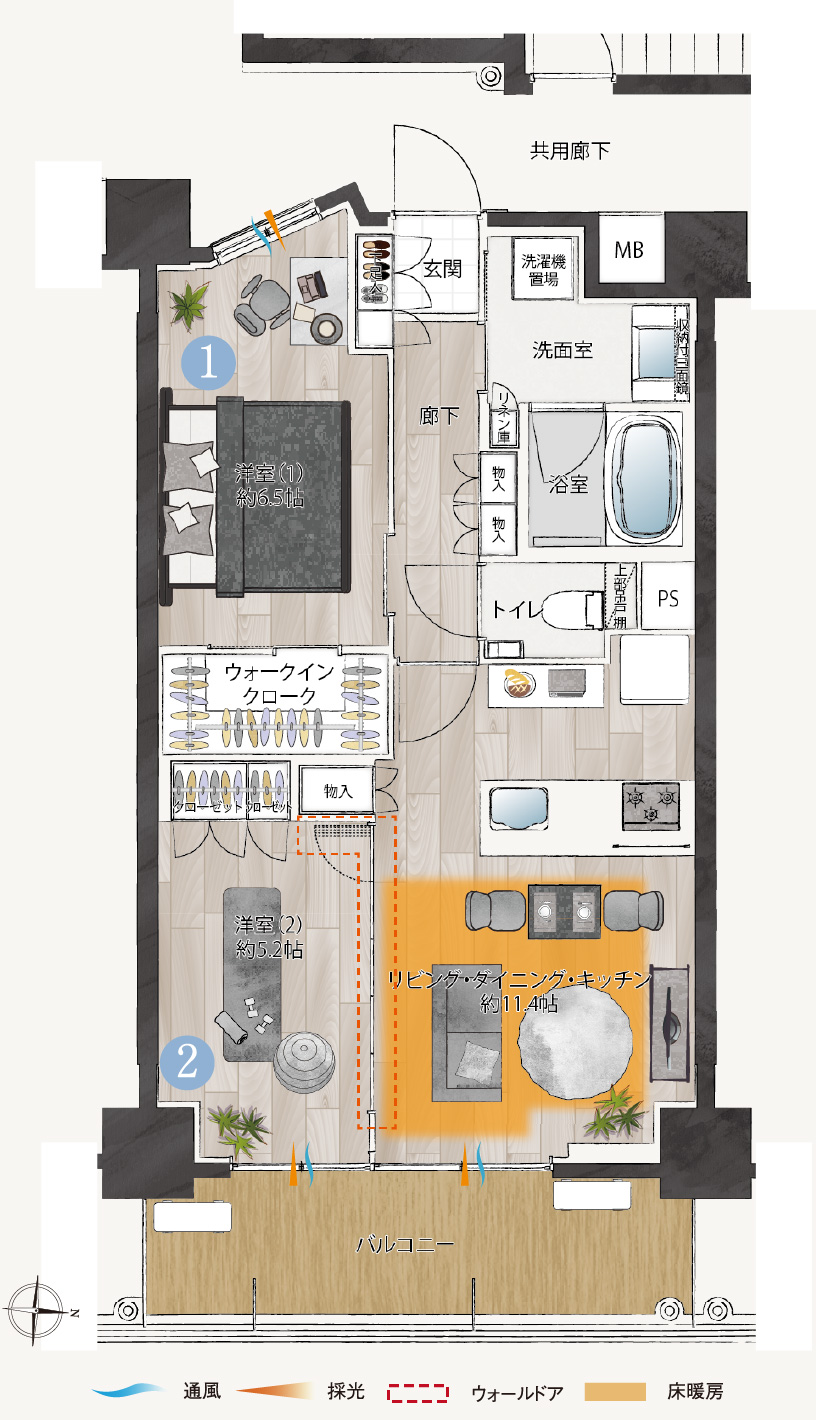 DINKS向け家具レイアウト付き間取り図