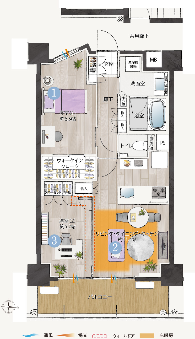 一人暮らし向け家具レイアウト付き間取り図